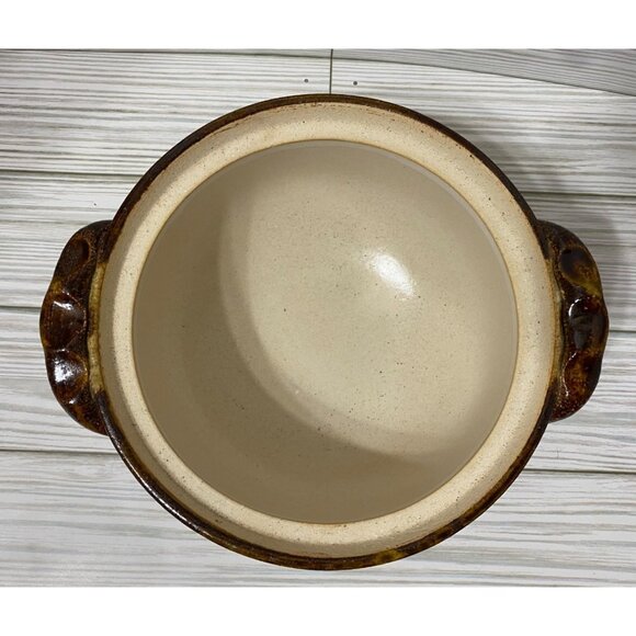 Vtg Art Pottery Lidded Casserole Dish Floral Brown & White MCM - Picture 4 of 8